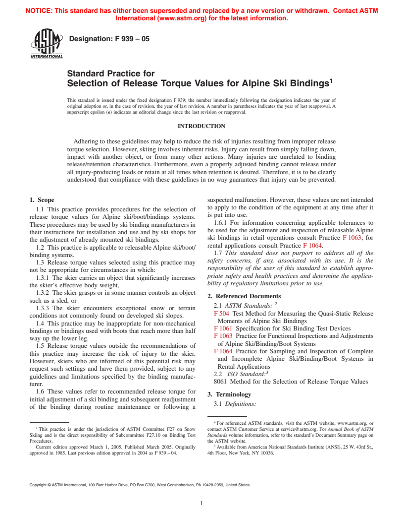 ASTM F939-05 - Standard Practice for Selection of Release Torque Values for Alpine Ski Bindings