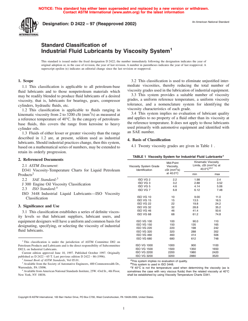 ASTM D2422-97(2002) - Standard Classification of Industrial Fluid Lubricants by Viscosity System