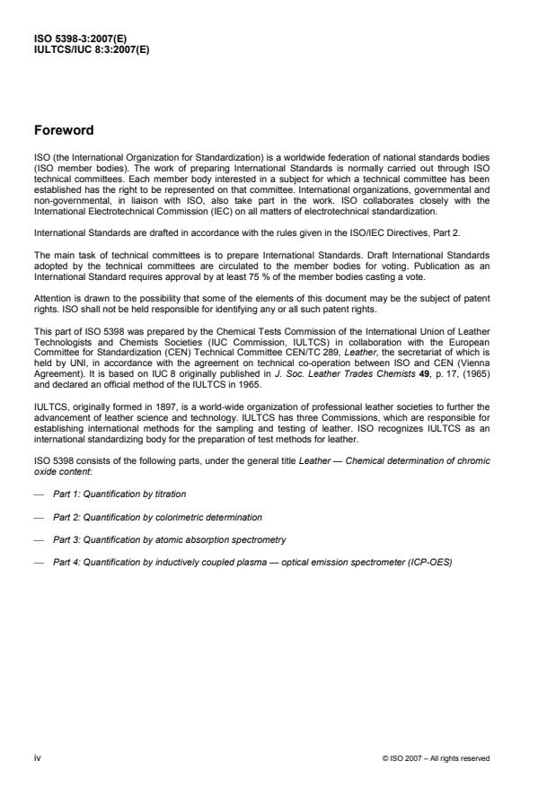 ISO 5398-3:2007 ISO 5398-3:2007 - Leather -- Chemical determination of chromic oxide content - Page 4 preview