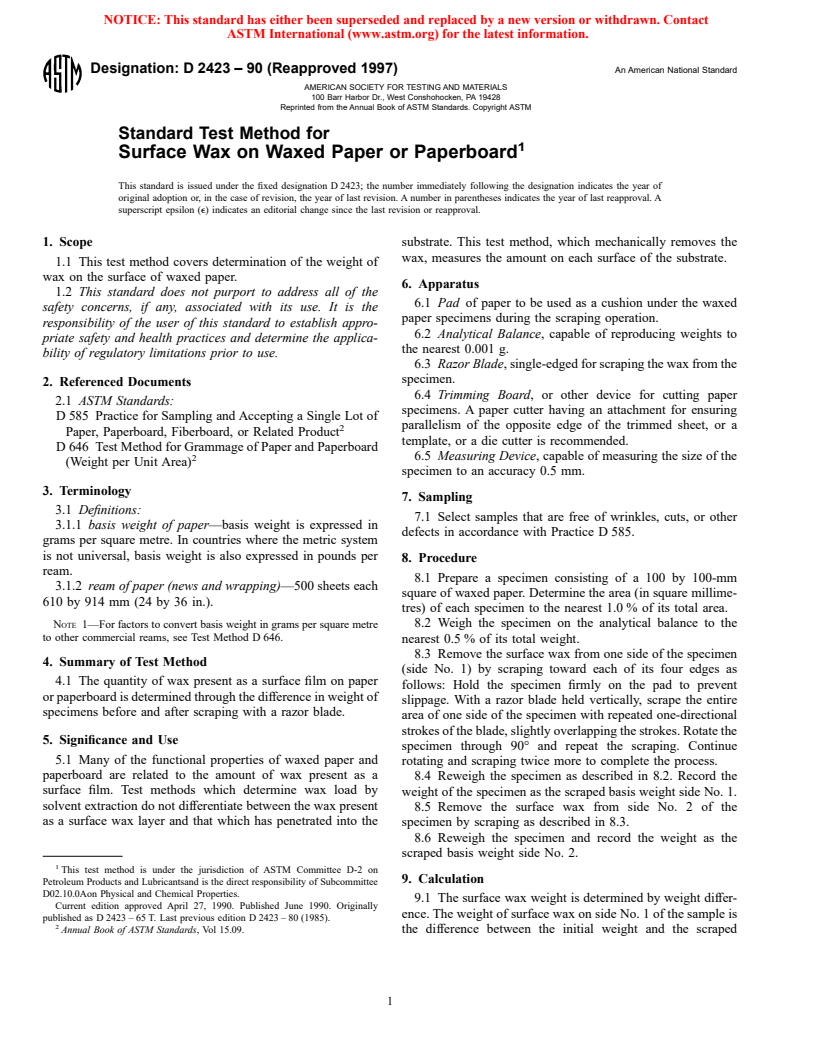 ASTM D2423-90(1997) - Standard Test Method for Surface Wax on Waxed Paper or Paperboard