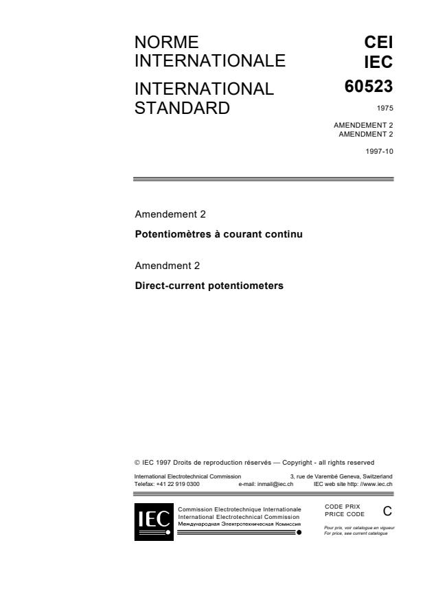 IEC 60523:1975/AMD2:1997 - Amendment 2 - Direct-current potentiometers