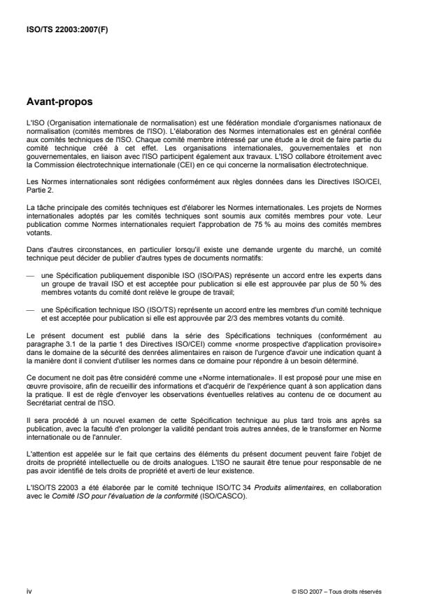 ISO/TS 22003:2007 ISO/TS 22003:2007 - Systemes de management de la sécurité des denrées alimentaires -- Exigences pour les organismes procédant a l'audit et a la certification de systemes de management de la sécurité des denrées alimentaires - Page 4 preview