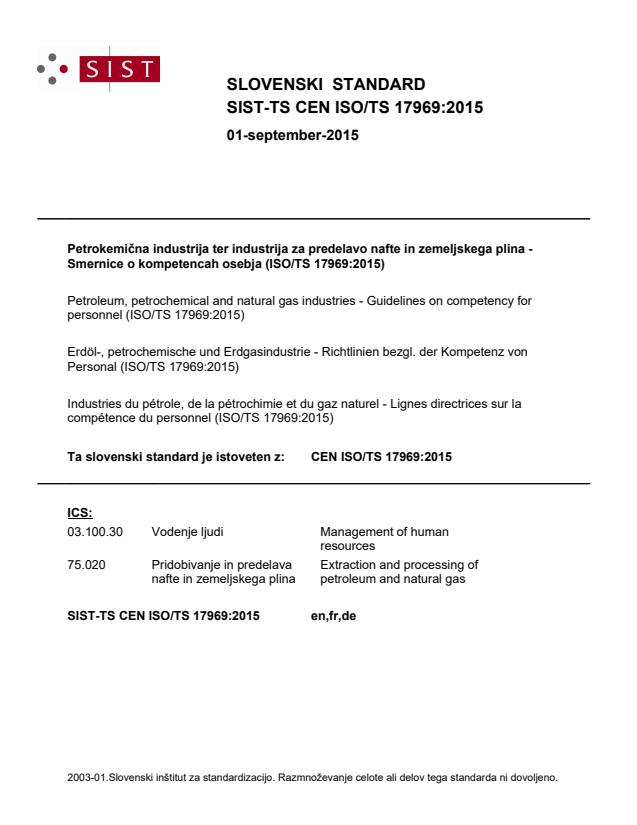 TS CEN ISO/TS 17969:2015 - BARVE