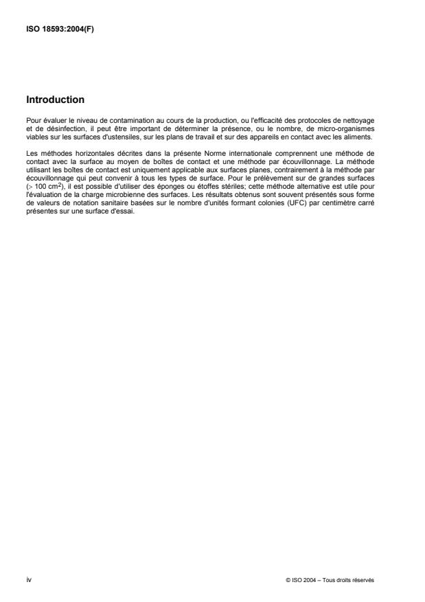 ISO 18593:2004 ISO 18593:2004 - Microbiologie des aliments -- Méthodes horizontales pour les techniques de prélevement sur des surfaces, au moyen de boîtes de contact et d'écouvillons - Page 4 preview
