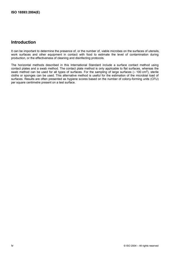 ISO 18593:2004 ISO 18593:2004 - Microbiology of food and animal feeding stuffs -- Horizontal methods for sampling techniques from surfaces using contact plates and swabs - Page 4 preview