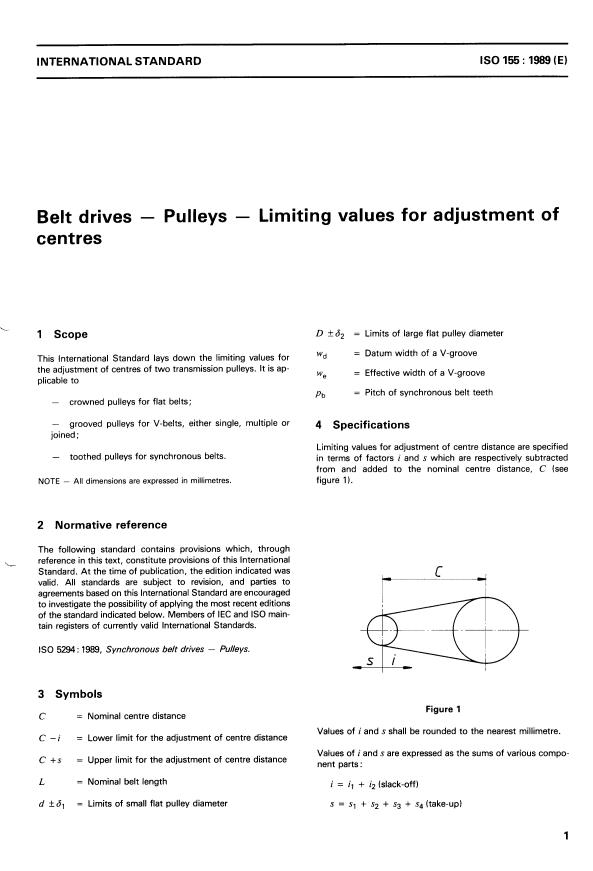 ISO 155:1989 - Belt drives -- Pulleys -- Limiting values for adjustment of centres