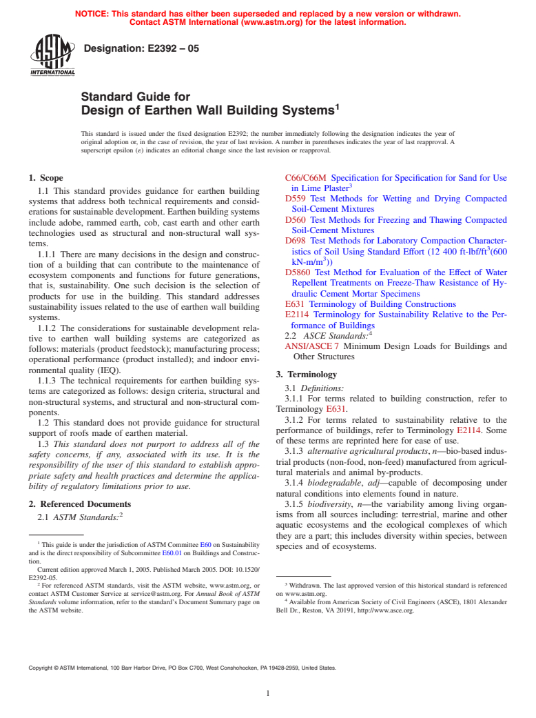 ASTM E2392-05 - Standard Guide for Design of Earthen Wall Building Systems