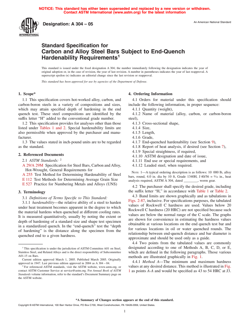 ASTM A304-05 - Standard Specification for Carbon and Alloy Steel Bars Subject to End-Quench Hardenability Requirements