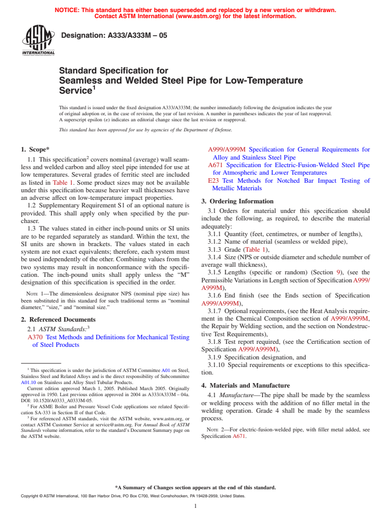 ASTM A333/A333M-05 - Standard Specification for Seamless and Welded Steel Pipe for Low-Temperature Service