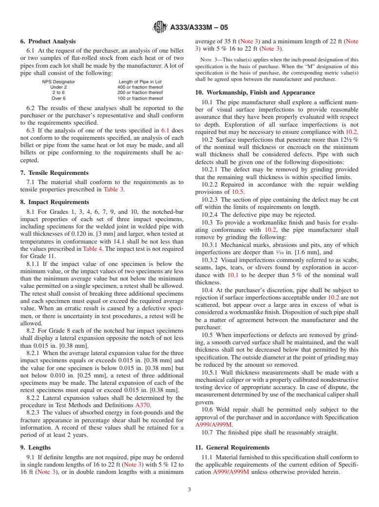 ASTM A333/A333M-05 - Standard Specification for Seamless and Welded Steel Pipe for Low-Temperature Service