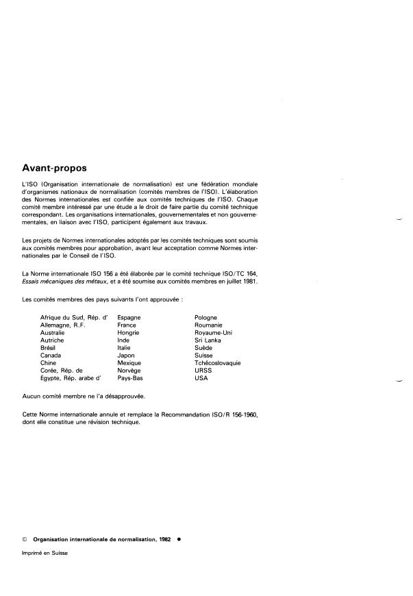 ISO 156:1982 ISO 156:1982 - Matériaux métalliques -- Essai de dureté -- Contrôle des machines d'essai de dureté Brinell - Page 2 preview