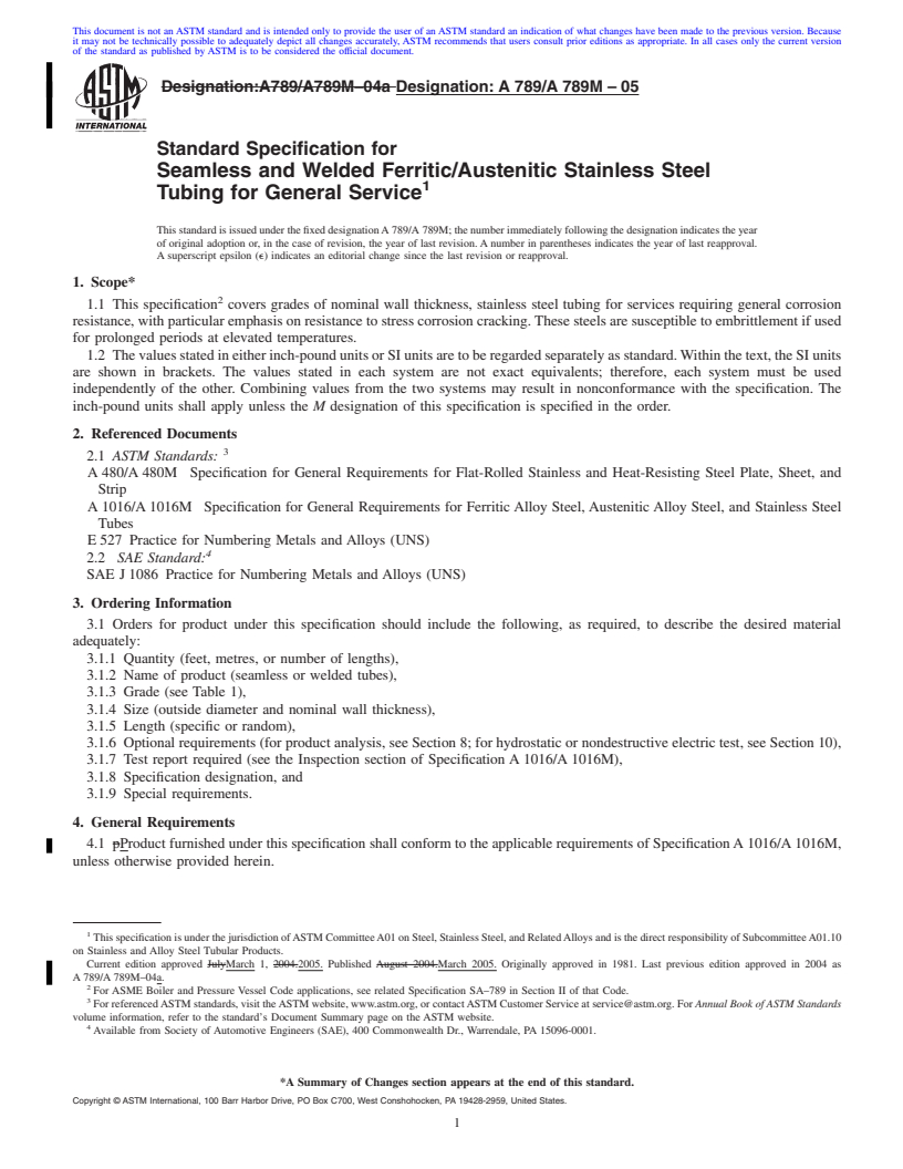 REDLINE ASTM A789/A789M-05 - Standard Specification for Seamless and Welded Ferritic/Austenitic Stainless Steel Tubing for General Service