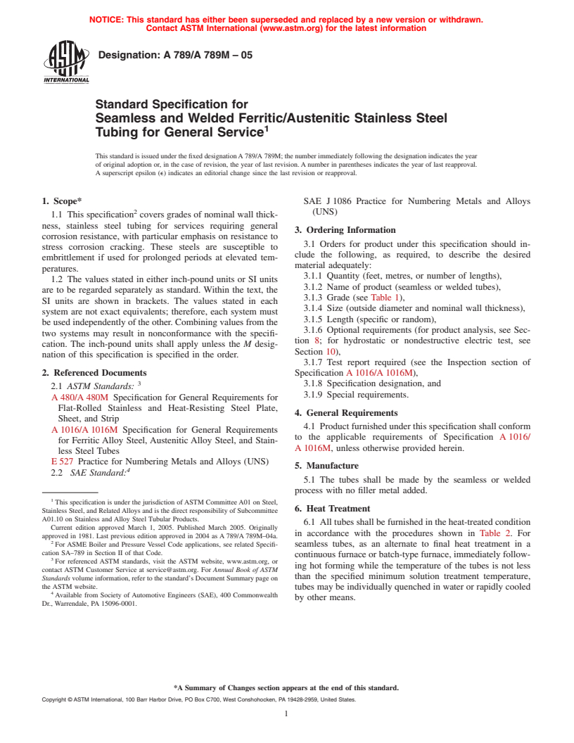 ASTM A789/A789M-05 - Standard Specification for Seamless and Welded Ferritic/Austenitic Stainless Steel Tubing for General Service