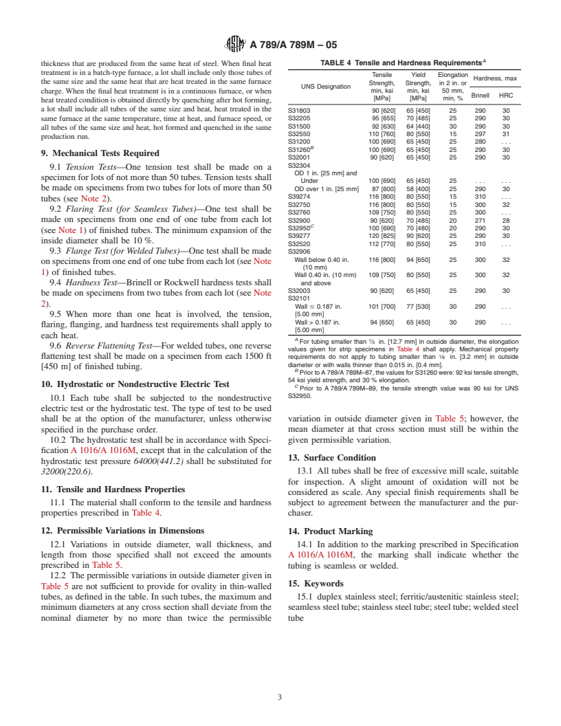 ASTM A789/A789M-05 - Standard Specification for Seamless and Welded Ferritic/Austenitic Stainless Steel Tubing for General Service