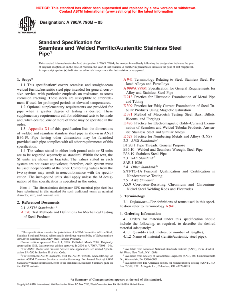 ASTM A790/A790M-05 - Standard Specification for Seamless and Welded Ferritic/Austenitic Stainless Steel Pipe