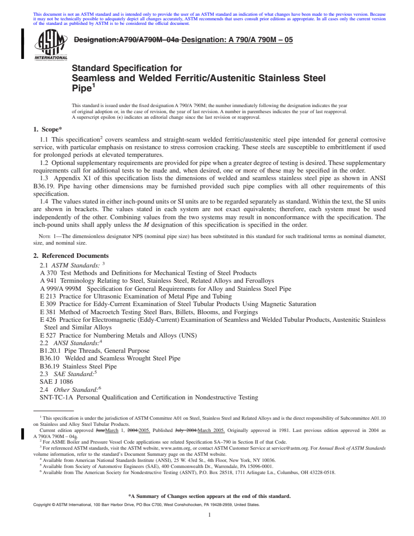 REDLINE ASTM A790/A790M-05 - Standard Specification for Seamless and Welded Ferritic/Austenitic Stainless Steel Pipe