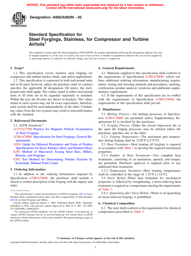 ASTM A982/A982M-05 - Standard Specification for Steel Forgings, Stainless, for Compressor and Turbine Airfoils