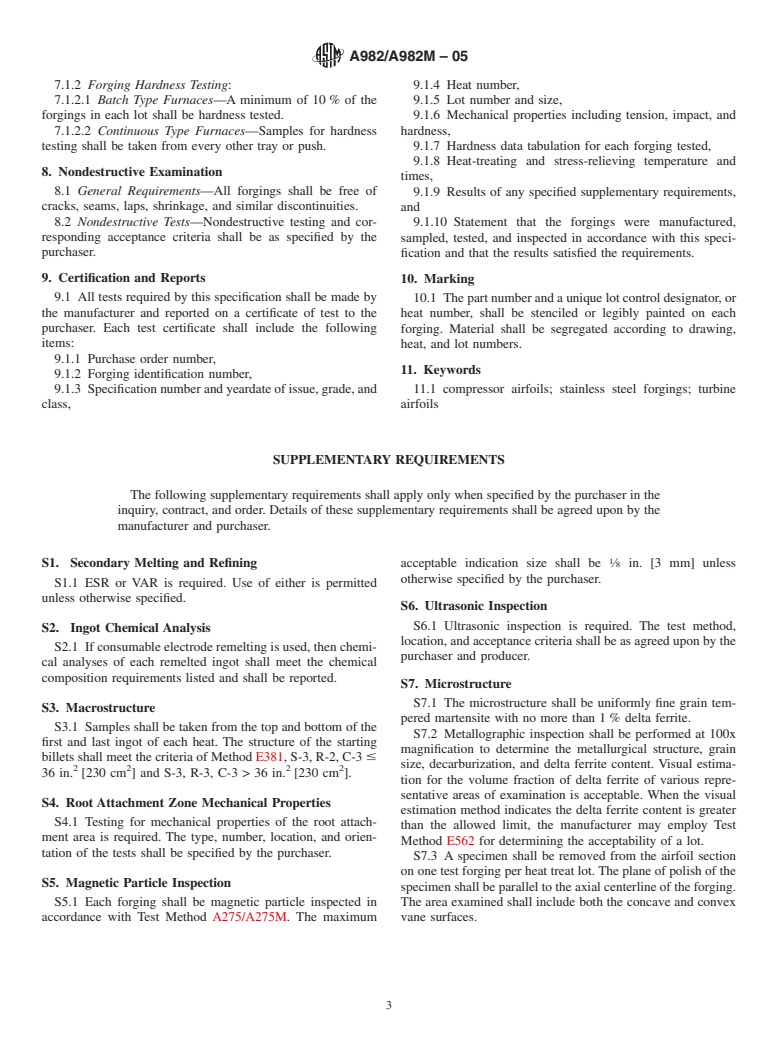 ASTM A982/A982M-05 - Standard Specification for Steel Forgings, Stainless, for Compressor and Turbine Airfoils