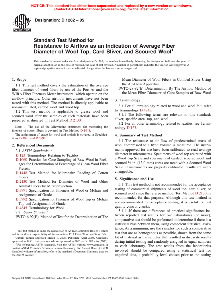 ASTM D1282-05 - Standard Test Method for Resistance to Airflow as an Indication of Average Fiber Diameter of Wool Top, Card Sliver, and Scoured Wool