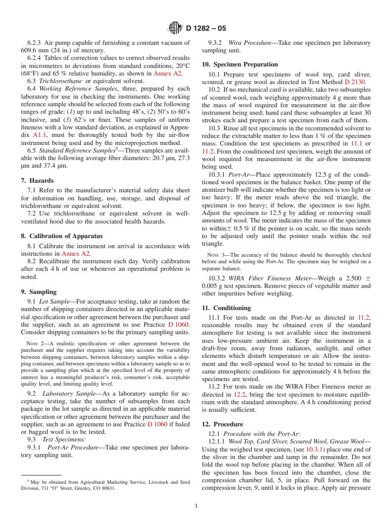 ASTM D1282-05 - Standard Test Method for Resistance to Airflow as an Indication of Average Fiber Diameter of Wool Top, Card Sliver, and Scoured Wool