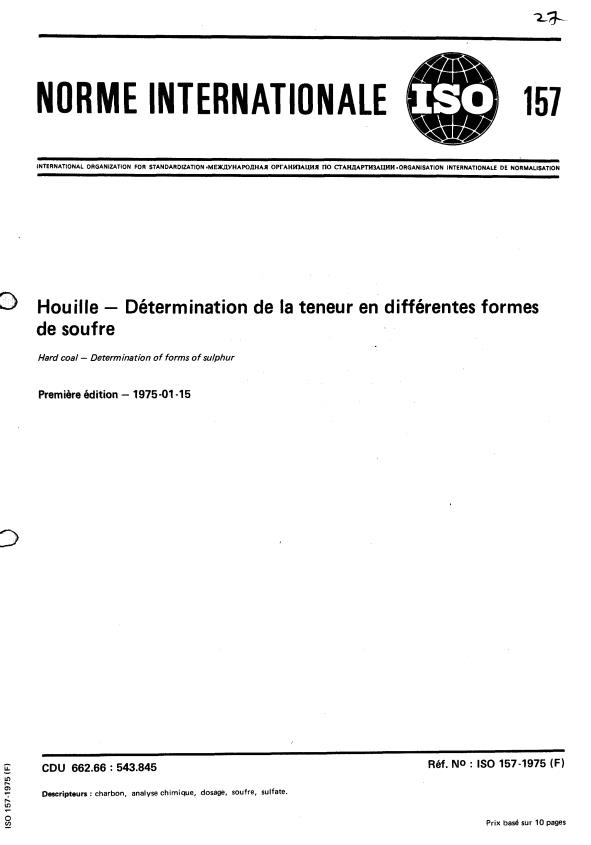 ISO 157:1975 - Houille -- Détermination de la teneur en différentes formes de soufre