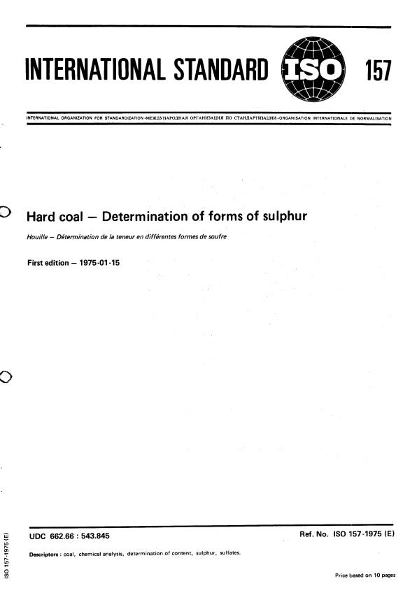 ISO 157:1975 - Hard coal -- Determination of forms of sulphur
