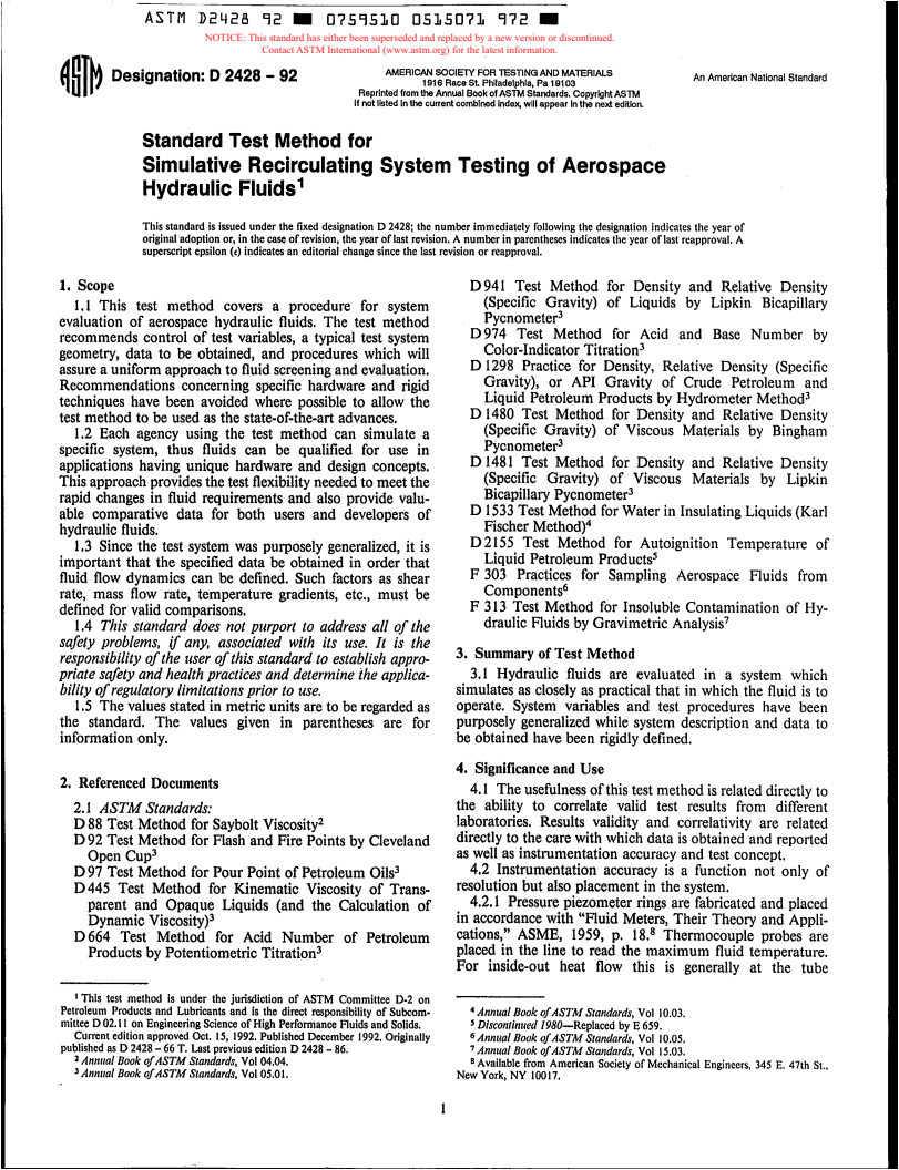 ASTM D2428-92 - Standard Test Method for Simulative Recirculating System Testing of Aerospace Hydraulic Fluids (Withdrawn 1997)