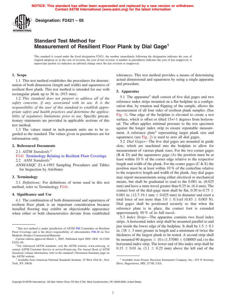 ASTM F2421-05 - Standard Test Method for Measurement of Resilient Floor Plank by Dial Gage