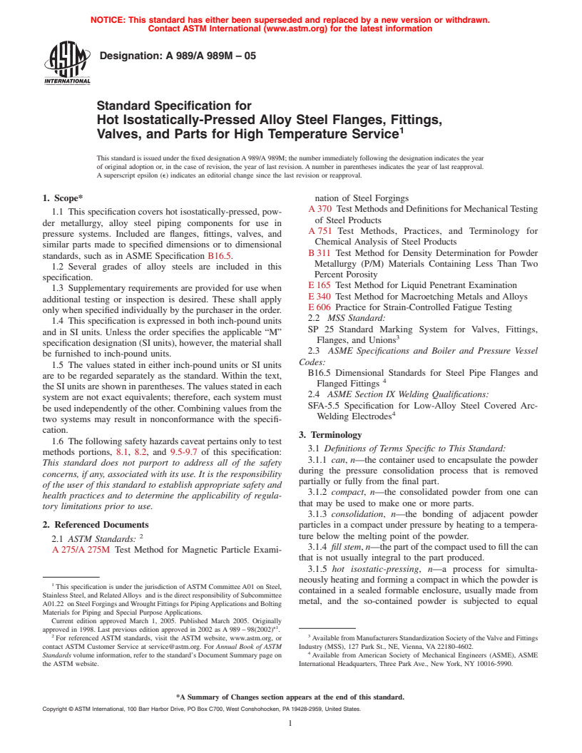 ASTM A989/A989M-05 - Standard Specification for Hot Isostatically-Pressed Alloy Steel Flanges, Fittings, Valves, and Parts for High Temperature Service