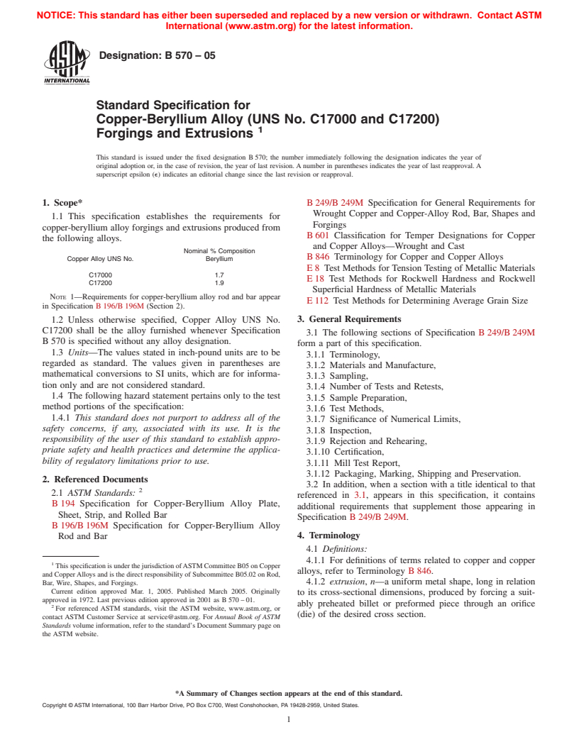 ASTM B570-05 - Standard Specification for Copper-Beryllium Alloy (UNS No. C17000 and C17200) Forgings and Extrusions