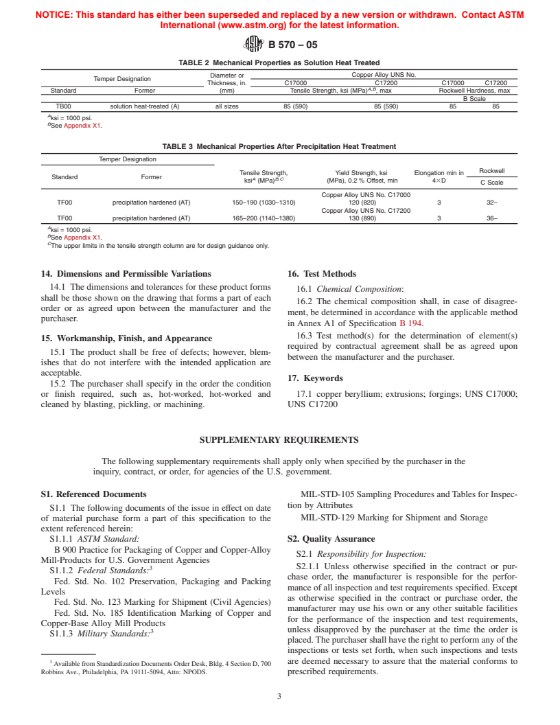 ASTM B570-05 - Standard Specification for Copper-Beryllium Alloy (UNS No. C17000 and C17200) Forgings and Extrusions