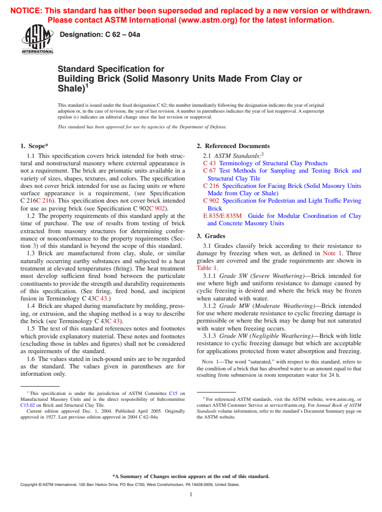 ASTM C62-04a - Standard Specification for Building Brick (Solid Masonry Units Made From Clay or Shale)