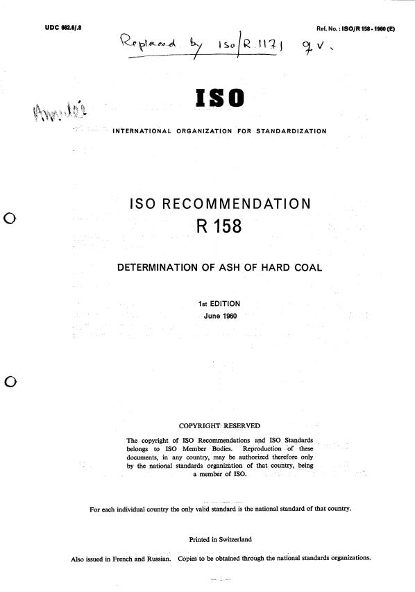 ISO/R 158:1960 - Withdrawal of ISO/R 158-1960