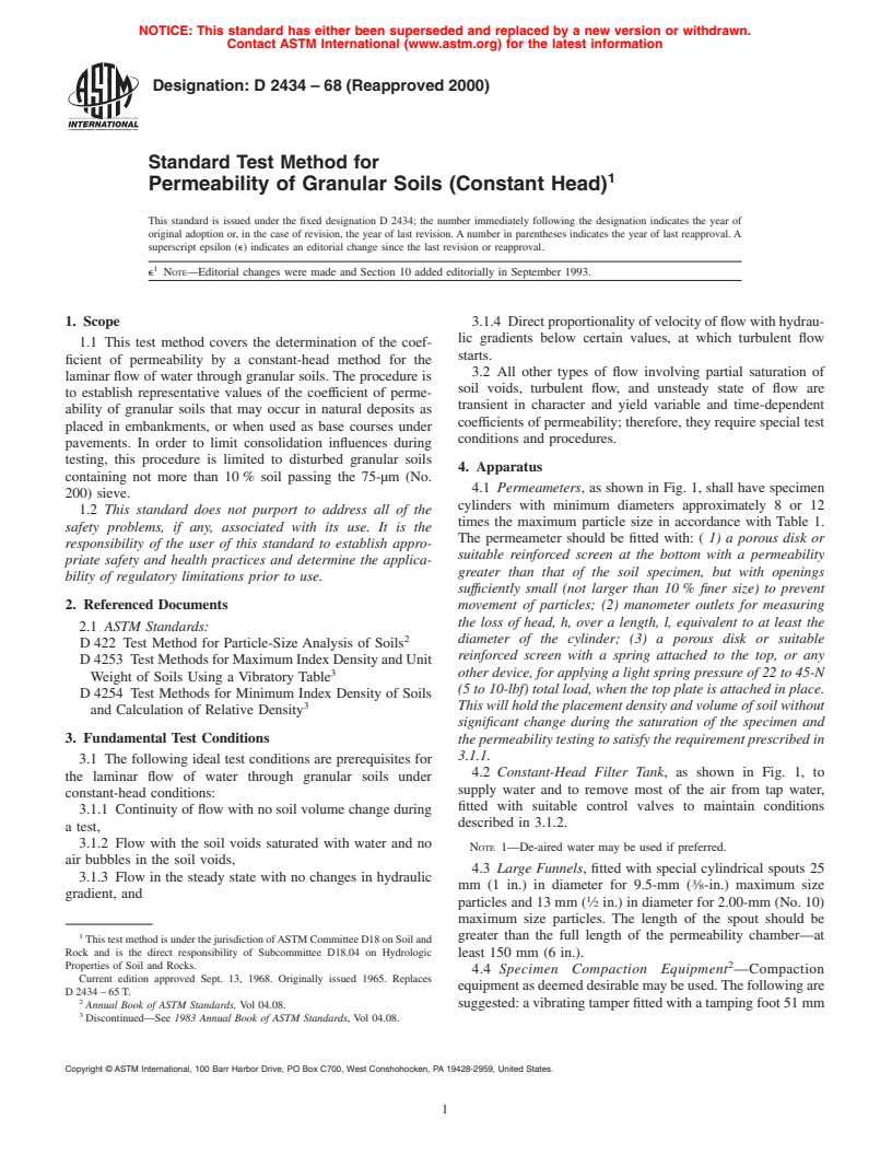 ASTM D2434-68(2000) - Standard Test Method for Permeability of Granular Soils (Constant Head)