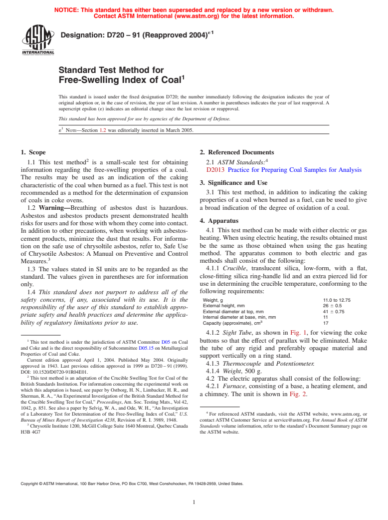 ASTM D720-91(2004)e1 - Standard Test Method for Free-Swelling Index of Coal