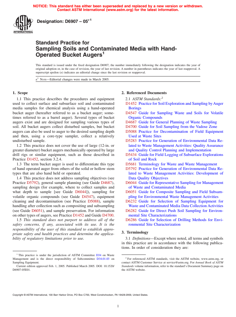 ASTM D6907-05e1 - Standard Practice for Sampling Soils and Contaminated Media with Hand-Operated Bucket Augers