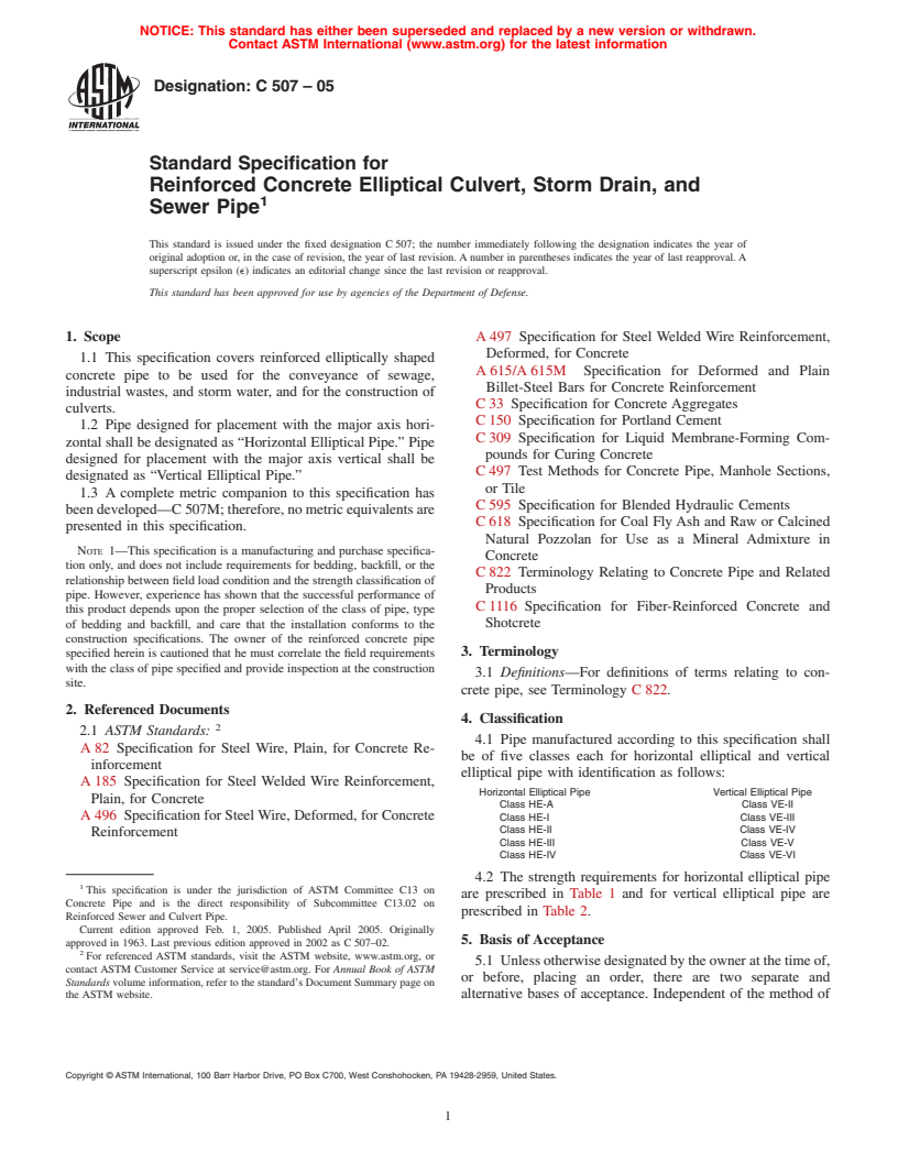 ASTM C507-05 - Standard Specification for Reinforced Concrete Elliptical Culvert, Storm Drain, and Sewer Pipe