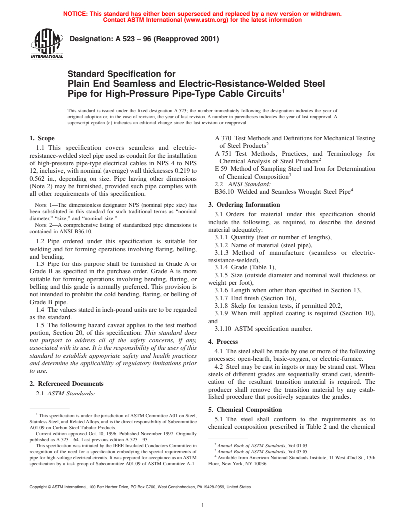 ASTM A523-96(2001) - Standard Specification for Plain End Seamless and Electric-Resistance-Welded Steel Pipe for High-Pressure Pipe-Type Cable Circuits