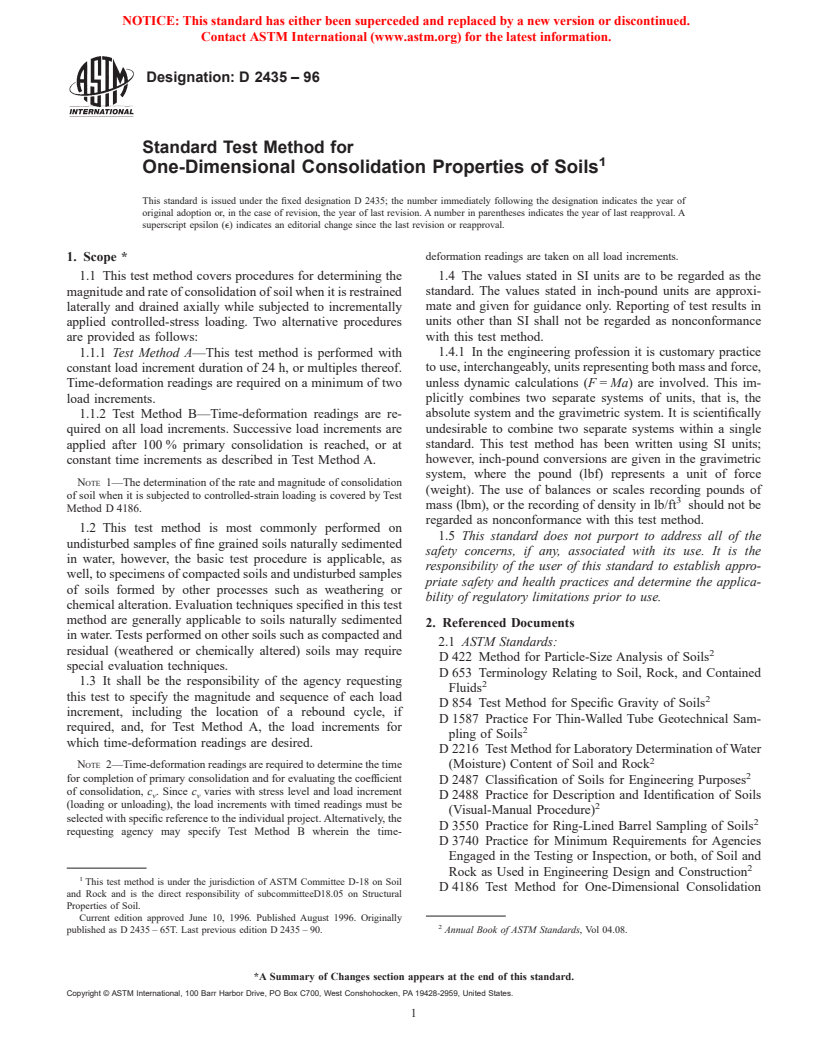 ASTM D2435-96 - Standard Test Method for One-Dimensional Consolidation Properties of Soils