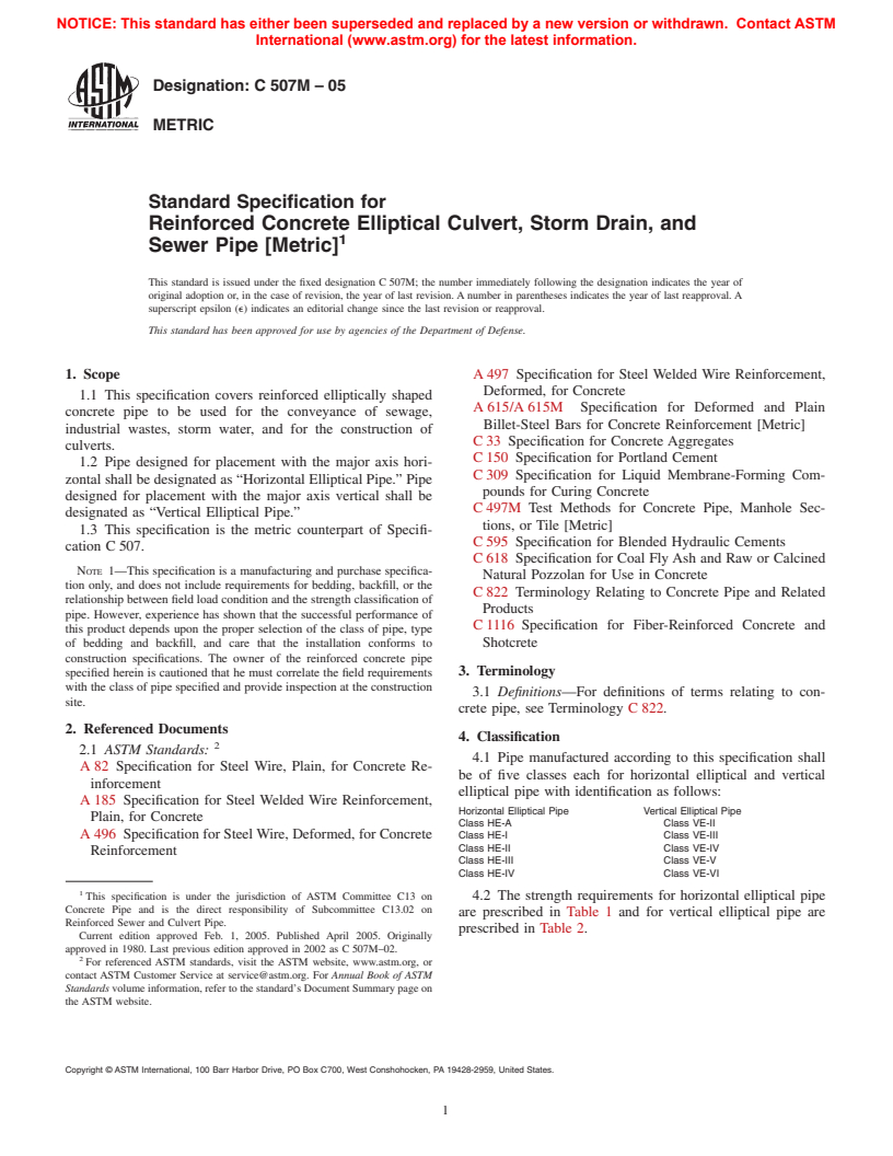 ASTM C507M-05 - Standard Specification for Reinforced Concrete Elliptical Culvert, Storm Drain, and Sewer Pipe (Metric)