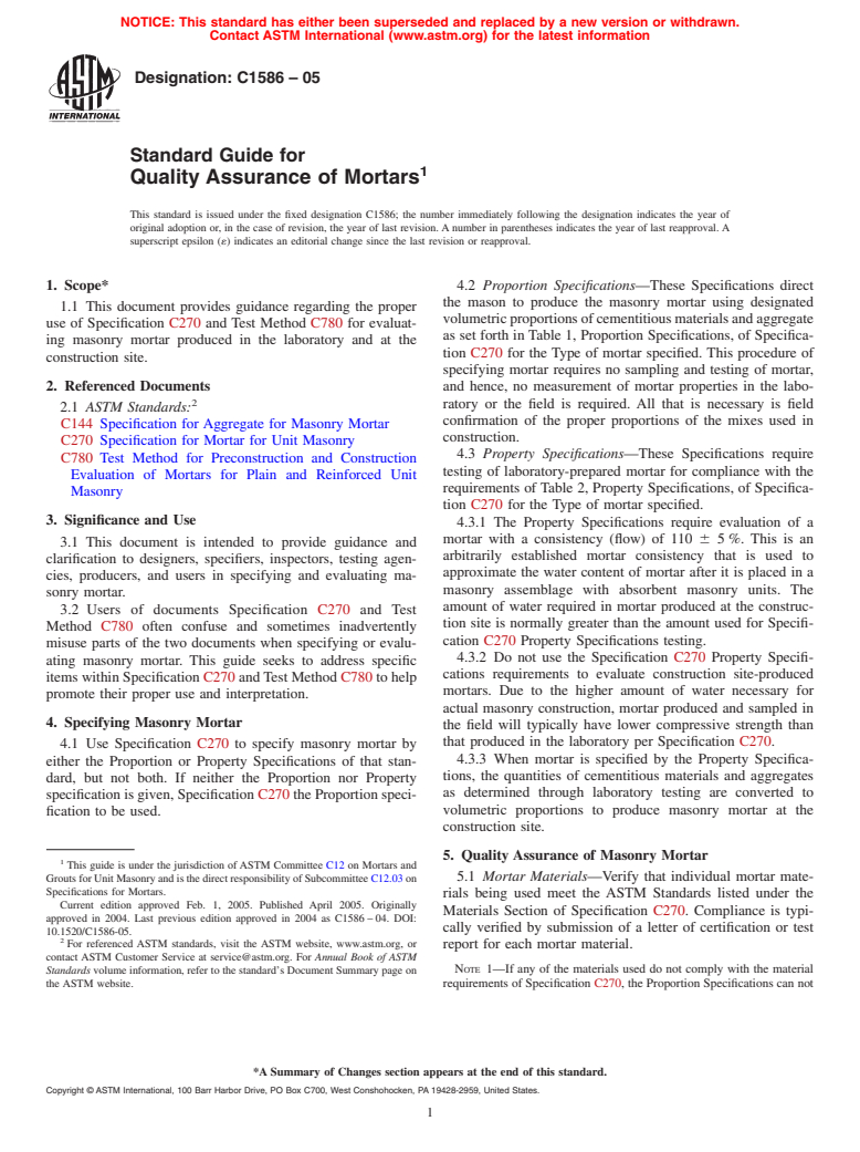 ASTM C1586-05 - Standard Guide for Quality Assurance of Mortars