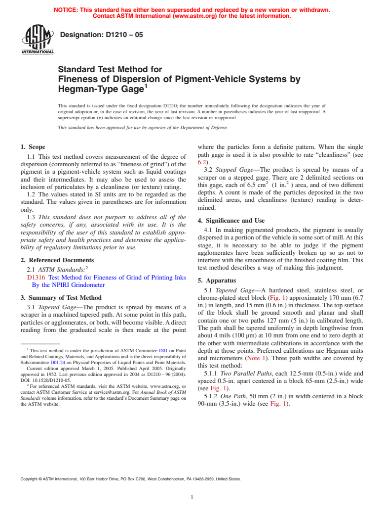 ASTM D1210-05 - Standard Test Method for Fineness of Dispersion of Pigment-Vehicle Systems by Hegman-Type Gage