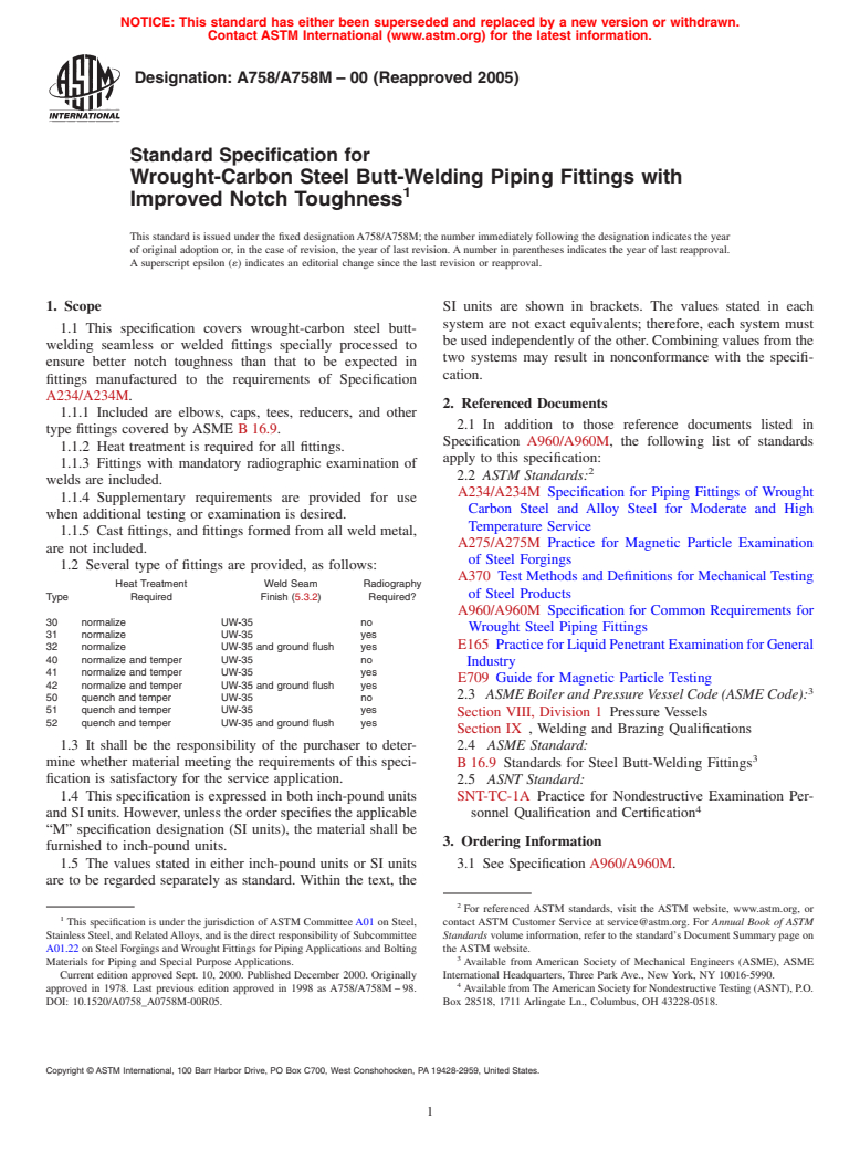 ASTM A758/A758M-00(2005) - Standard Specification for Wrought-Carbon Steel Butt-Welding Piping Fittings with Improved Notch Toughness