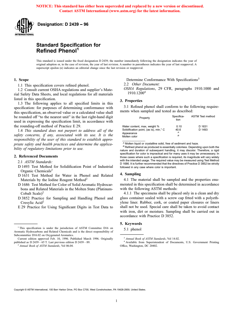 ASTM D2439-96 - Standard Specification for Refined Phenol