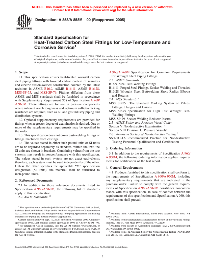 ASTM A858/A858M-00(2005) - Standard Specification for Heat-Treated Carbon Steel Fittings for Low-Temperature and Corrosive Service