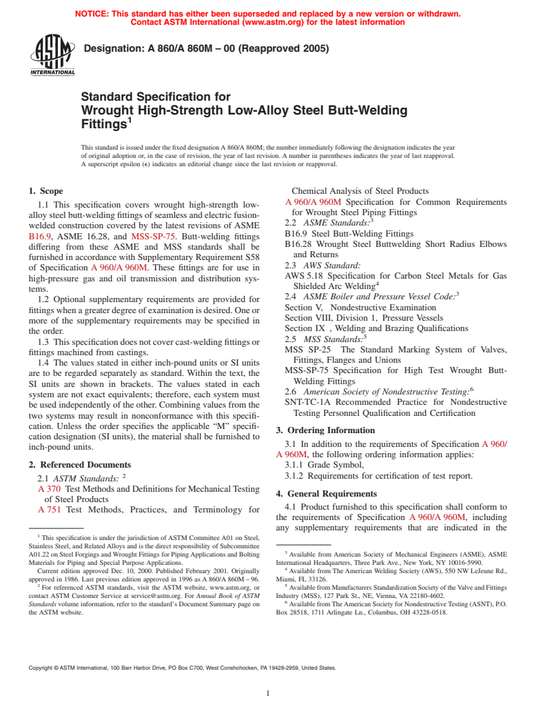 ASTM A860/A860M-00(2005) - Standard Specification for Wrought High-Strength Low-Alloy Steel Butt-Welding Fittings