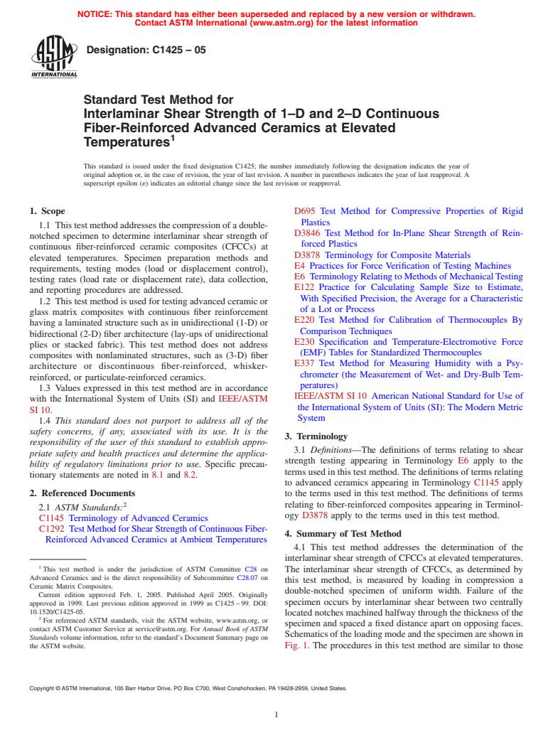 ASTM C1425-05 - Standard Test Method for Interlaminar Shear Strength of 1-D and 2-D Continuous Fiber-Reinforced Advanced Ceramics at Elevated Temperatures