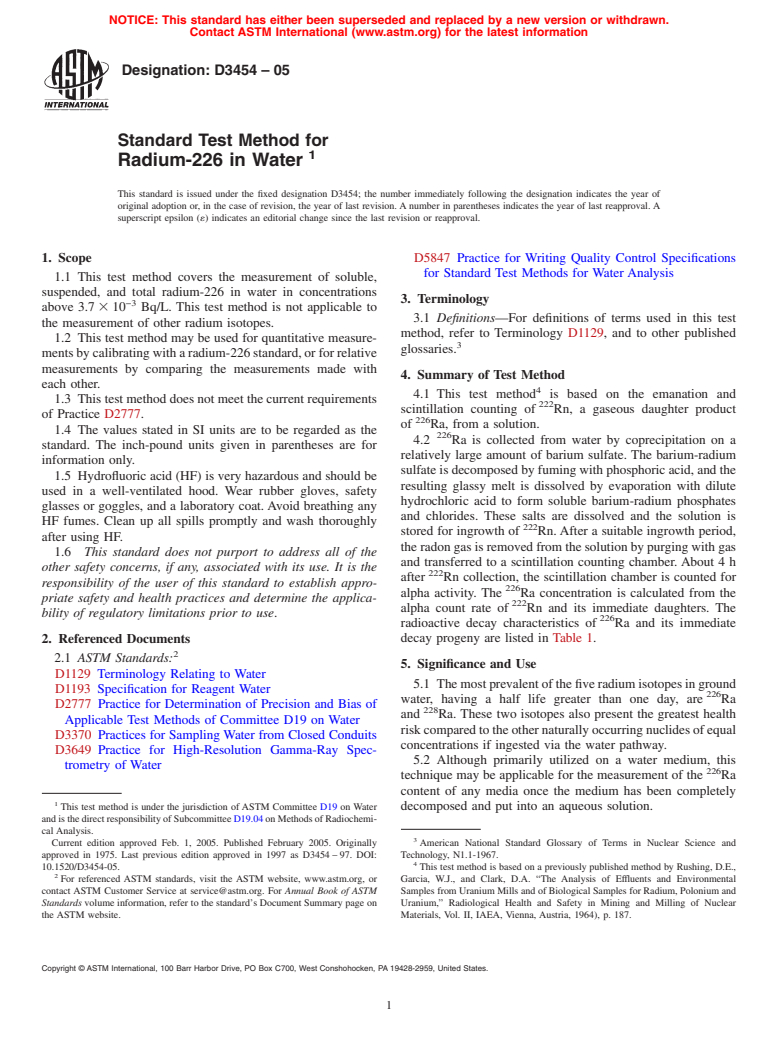 ASTM D3454-05 - Standard Test Method for Radium-226 in Water