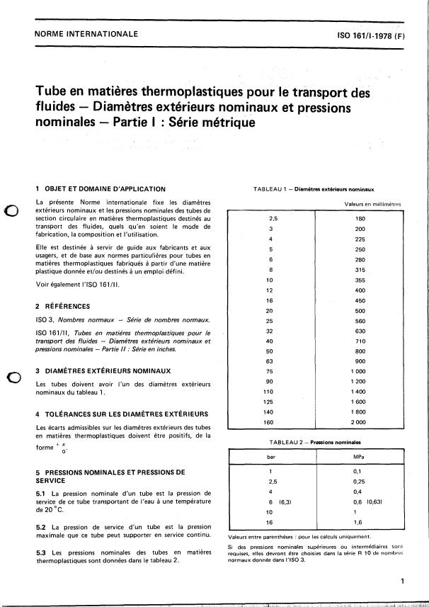 ISO 161-1:1978 - Tubes en matieres thermoplastiques pour le transport des fluides -- Diametres extérieurs nominaux et pressions nominales