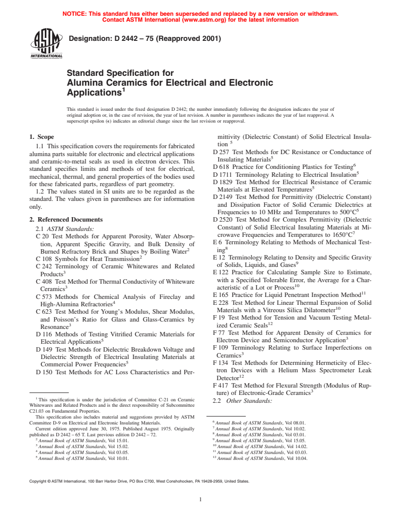 ASTM D2442-75(2001) - Standard Specification for Alumina Ceramics for Electrical and Electronic Applications